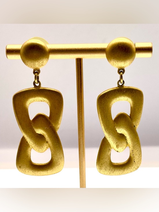 Vintage Gold Tone Link Drop Earrings Matte Brushed Modernist Statement Pierced - Picture 2 of 7